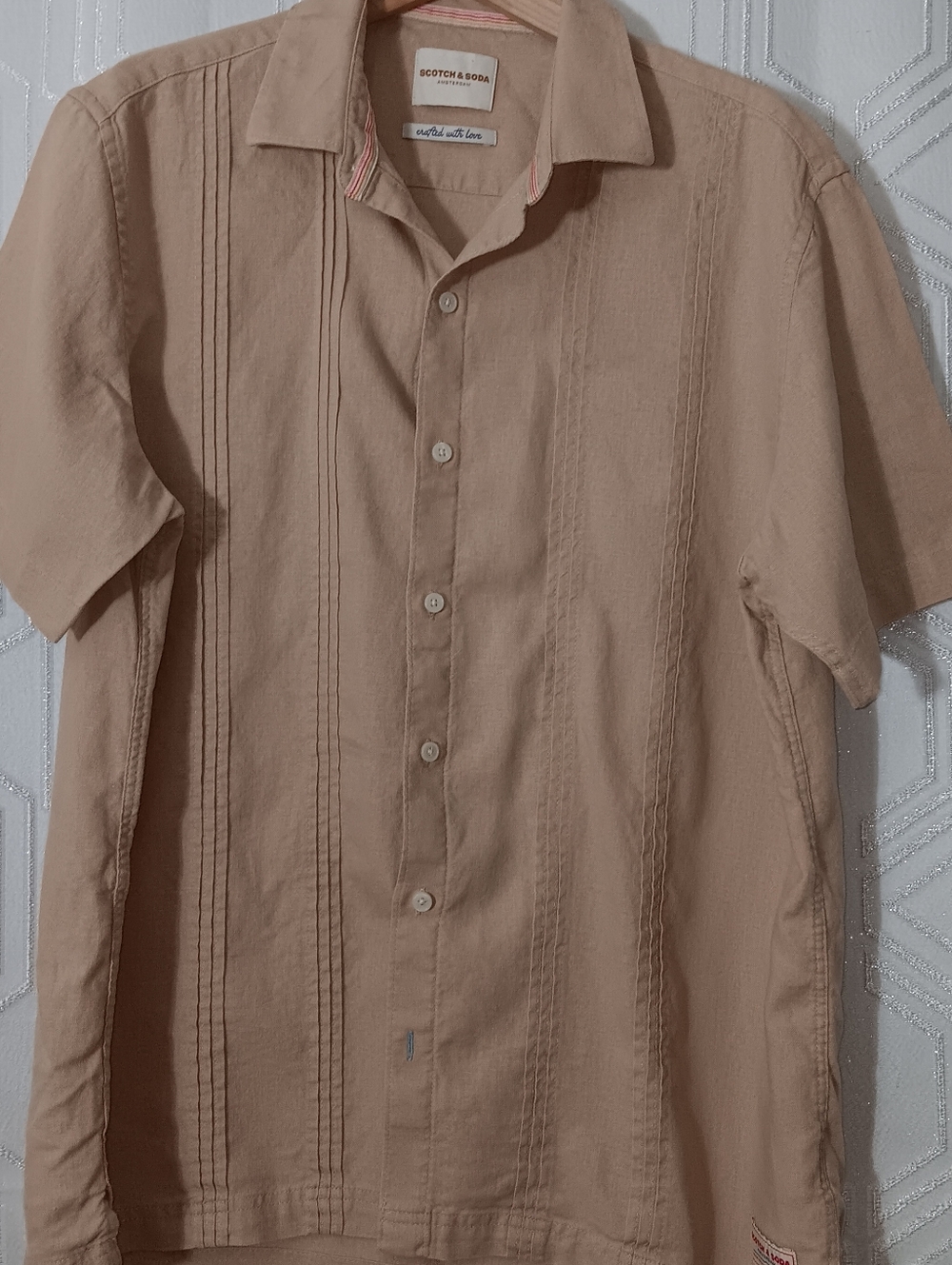 SCOTCH & SODA Tan Guayavera Linen Button Up Short Sleeve Shirt Mens SZ L